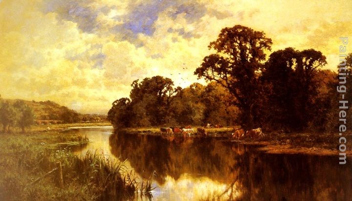 Henry Hillier Parker Cattle Watering on a Riverbank
